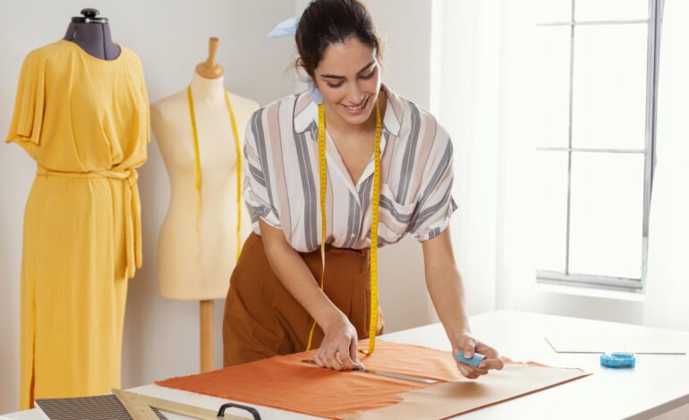 Dressmaker cutting orange fabric on a white table with sewing tools nearby and mannequins displaying finished dresses in the background.